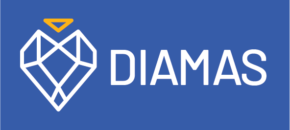 Diamond logo in white and yellow. DIAMAS in white. Blue background.