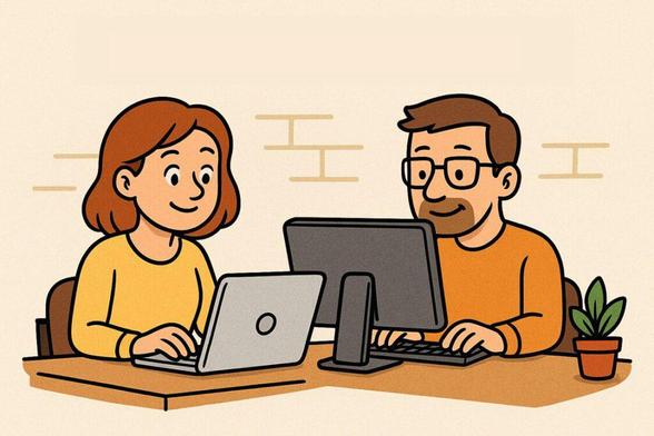 Eine Bloggerin und ein Blogger sitzen jeweils an ihrem Computer. Rechts neben dem Blogger steht eine Topfpflanze.