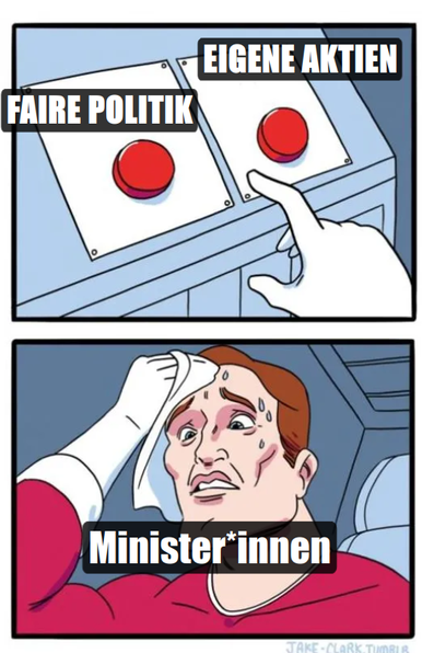 Meme, eine Person, betitelt mit "Minister*innen" kann sich nicht zwischen zwei Knöpfen entscheiden, kommt ins Schwitzen. Die Knöpfe: "Faire Politik" und "Eigene Aktien"