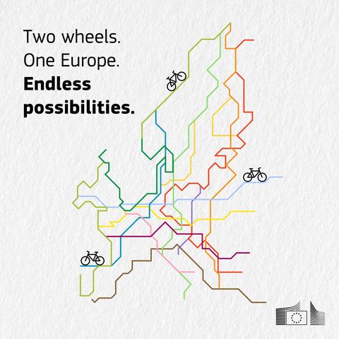 Stylised map of Europe formed by colorful interconnected cycling routes, representing all the EuroVelo routes across Europe. Three bicycle icons are placed across the map. The text reads: 'Two wheels. One Europe. Endless possibilities.' A logo of the European Commission is shown in the bottom right corner.