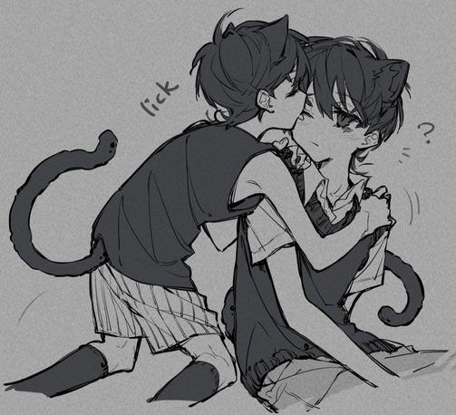 Catboy Omori licks catboy Sunny's face