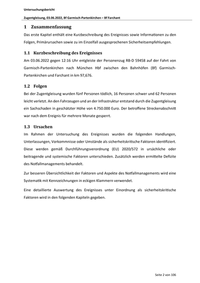 Untersuchungsbericht
Zugentgleisung, 03.06.2022, Bf Garmisch‐Partenkirchen – Bf Farchant
1 Zusammenfassung
Das erste Kapitel enthält eine Kurzbeschreibung des Ereignisses sowie Informa onen zu den
Folgen, Primärursachen sowie zu im Einzelfall ausgesprochenen Sicherheitsempfehlungen.
1.1 Kurzbeschreibung des Ereignisses
Am 03.06.2022 gegen 12:16 Uhr entgleiste der Personenzug RB‐D 59458 auf der Fahrt von
Garmisch‐Partenkirchen nach München Hbf zwischen den Bahnhöfen (Bf) Garmisch‐
Partenkirchen und Farchant in km 97,676.
1.2 Folgen
Bei der Zugentgleisung wurden fünf Personen tödlich, 16 Personen schwer und 62 Personen
leicht verletzt. An den Fahrzeugen und an der Infrastruktur entstand durch die Zugentgleisung
ein Sachschaden in geschätzter Höhe von 4.750.000 Euro. Der betroffene Streckenabschni
war nach dem Ereignis für mehrere Monate gesperrt.
1.3 Ursachen
Im Rahmen der Untersuchung des Ereignisses wurden die folgenden Handlungen,
Unterlassungen, Vorkommnis…