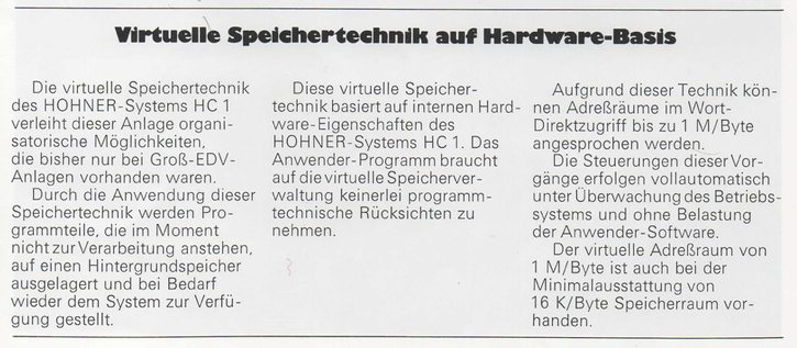 Auszug aus einem Computer-Prospekt von Hohner mit der Beschreibung der virtuellen Speichereinheit.