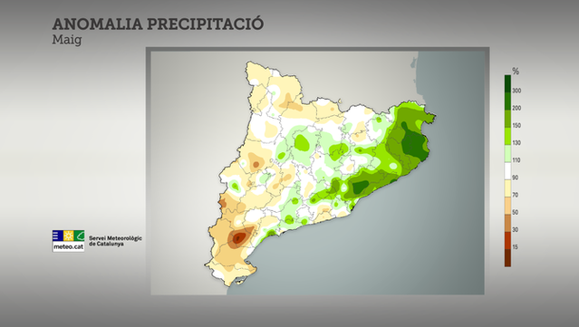 Anomalia de precipitació del mes de maig respecte a la mitjana climàtica (Meteocat / 3Cat)
