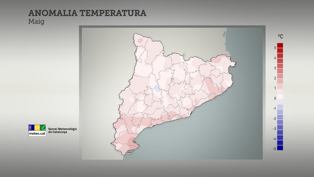 Anomalia de temperatura del mes de maig respecte a la mitjana climàtica (Meteocat / 3Cat)