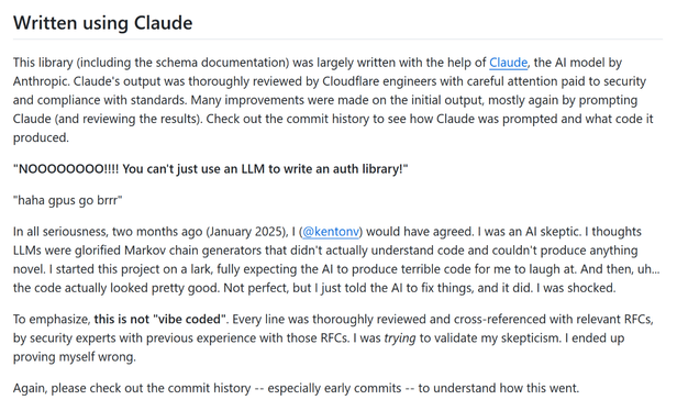 The "Written using Claude" section of the readme at https://github.com/cloudflare/workers-oauth-provider/