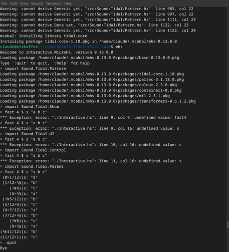 dark mode terminal showing someone who doesn't know tidal's module structure trying to run a pattern.

the cool part is that it's using MicroHs instead of GHC.