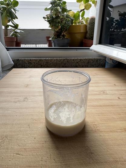 Bote de masa madre inactiva puesto sobre una encimera con plantas al fondo