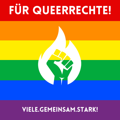 Sharepic mit Regenbogenflagge und Logo: Für Querrechte - viele, gemeinsam, stark!