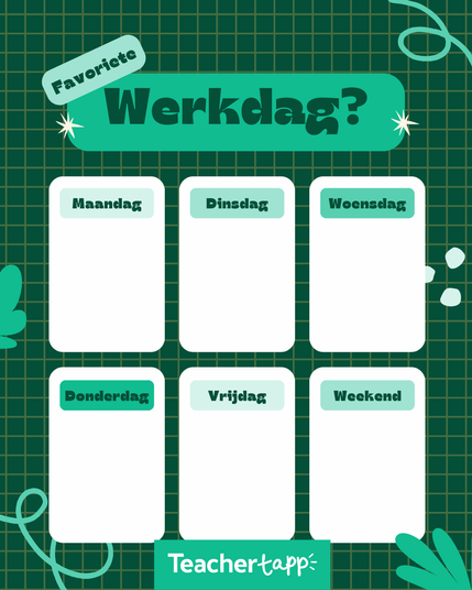 Favoriete werkdag? 6 vakken met in elk vak een dag van de week (in het zesde vak staat weekend) en het logo van Teacher Tapp