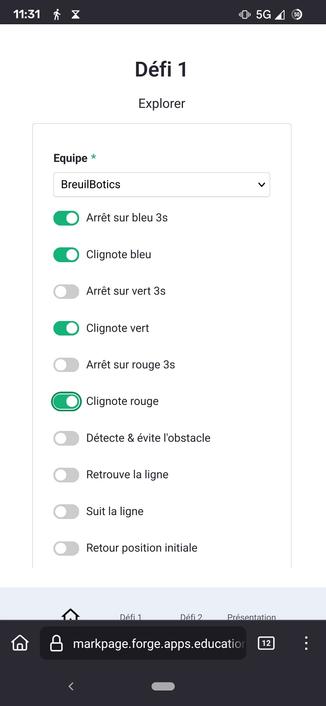 capture d'écran d'un formulaire Grist avec le nom d'équipe en haut et les défis