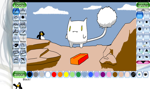 A screenshot of me using Tux Paint application to draw a scene featuring a mewmew, one of my original characters.