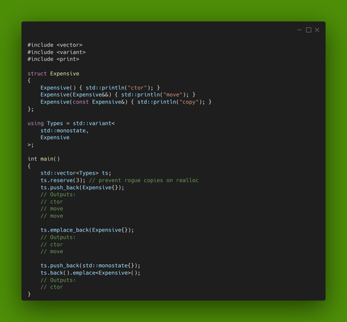 C++ code snippet comparing the effectivity of pushing expensive type into vector of variants vs emplacing it vs pushing back cheaper type and emplacing over that memory.