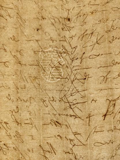 Foto eines braunen Blatts Papier mit handschriftlichem Text und einem Wasserzeichen zur Identifikation des Papierherstellers. In dem Papier sieht man die Strukturen des Schöpfsiebs. DNB Leipzig