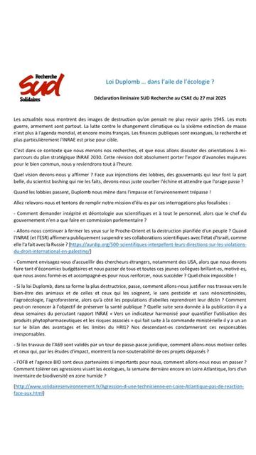copie du texte intégral lu en introduction du CSAE de l'INRAE ce 27 mai.
en lien ci-dessus.