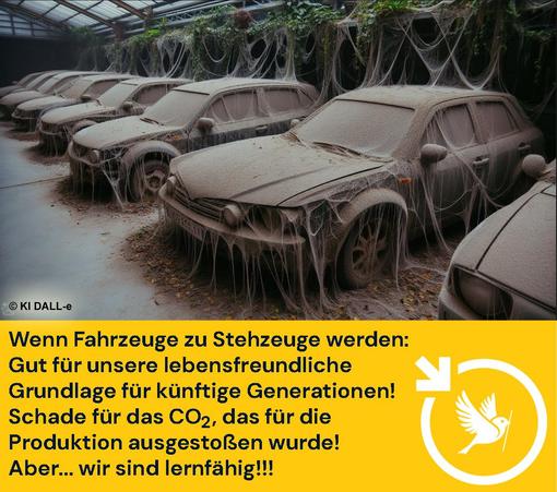Mehrere PKW stehen unter einer dicken Schicht aus staubigen Spinnenweben in einer Garage, die von Pflanzen überwuchert wird.
Unter dem Bild der Text:
Wenn Fahrzeuge zu Stehzeuge werden:
Gut für unsere lebensfreundliche Grundlage für künftige Generationen!
Schade für das CO2, das für die Produktion ausgestoßen wurde!
Aber... wir sind lernfähig!!!
Unten rechts ist unser Logo: der Ulmer Spatz im Pfeilkreis von LocalZero. (Pfeilkreis bedeutet: Ein Kreis, an dessen oberer linken Seite ein Pfeil nach unten weist)