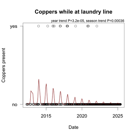 A graph showing the descreasing numbers of copper butterflies seen while I'm hanging out or bringing in our laundry. The fitted line on the graph wiggles up and down with the seasons (more in the summer). The line spans 2012–2025.