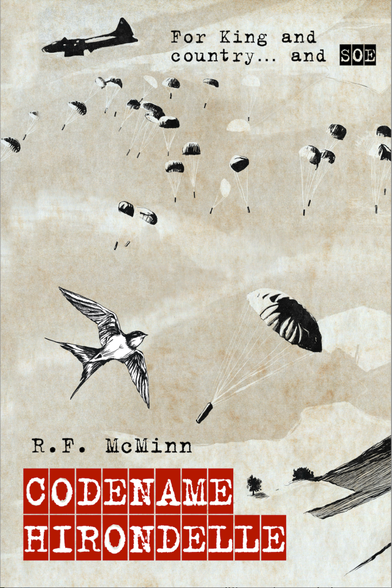 Front cover of Codename Hirondelle, showing a drawing of a parachute airdrop against a neutral background. Just above the title, a swallow is flying close to the "camera eye"