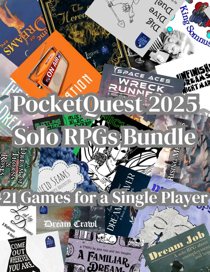 The 'cover' for the PocketQuest 2025 Solo RPGs Bundle, designed as if all of the games in the bundle are in one somewhat haphazard pile.