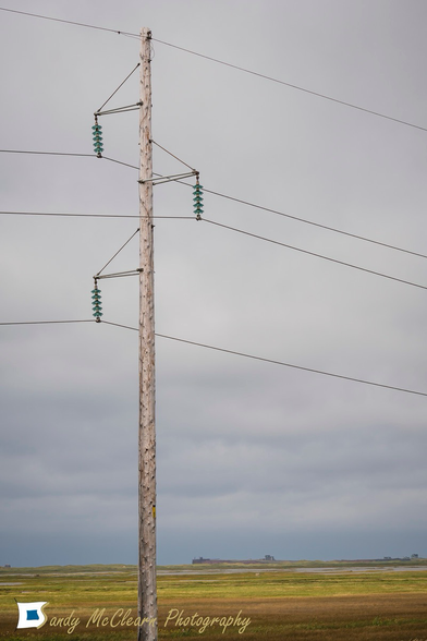 Portrait image of a utility pole set against a grassy landscape.