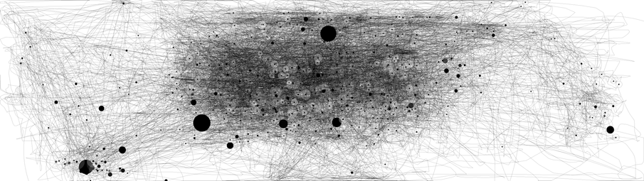 Das Bild zeigt eine komplexe Netzwerkstruktur in Schwarz-Weiß. Es besteht aus vielen dünnen, sich überlappenden Linien, die verschiedene Knotenpunkte verbinden. Die Knotenpunkte sind in verschiedenen Größen dargestellt, wobei einige deutlich größer sind als andere. Die größten Knotenpunkte sind im Zentrum des Bildes konzentriert, was auf eine höhere Anzahl von Verbindungen hinweist. Die Linien sind dichter in der Mitte des Bildes, was auf eine höhere Konnektivität in dieser Region schließen lässt. Die Struktur erinnert an ein soziales Netzwerk oder ein Datenverbindungsnetzwerk, wobei die Knotenpunkte Personen oder Datenpunkte und die Linien ihre Beziehungen oder Verbindungen darstellen. Die dünneren Linien im Außenbereich deuten auf weniger direkte Verbindungen hin.