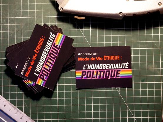 Stickers. Fond noir.
Texte : « adoptez un mode de vie éthique : l'homosexualité politique »
Le mot "politique" est écrit sur un drapeau arc-en-ciel à 8 bandes traversant de gauche à droite.