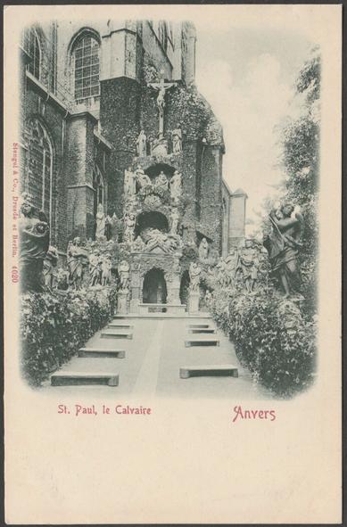 Printed monochrome postcard showing a view of the Calvary at St Paul's Church at Anvers, Antwerpen or Antwerp in Belgium.

Published by Stengel & Co, Dresden & Berlin, No 4020, undivided back, c.1900-05.

Postally unused.

Very good condition, with very slight corner bumps.