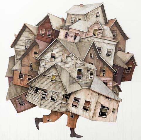 a watercolor drawing of a jumble of houses with two legs