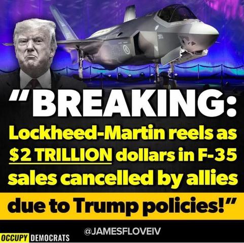 Das Bild zeigt eine dramatische Montage mit einem düsteren Porträt von Donald Trump links im Vordergrund, daneben ein F-35-Kampfjet von Lockheed Martin, der hell ausgeleuchtet auf einem Podest steht – Symbol militärischer Hightech. Der Hintergrund ist in violett-blauen Tönen gehalten, was eine bedrückende, beinahe theatralische Atmosphäre erzeugt. Die zentrale Schlagzeile lautet:
„BREAKING: Lockheed-Martin reels as $2 TRILLION dollars in F-35 sales cancelled by allies due to Trump policies!“
Die Botschaft: Trumps außenpolitische Entscheidungen führten angeblich dazu, dass internationale Partner massiv Aufträge für das hochentwickelte F-35-Programm stornierten – mit dramatischen Konsequenzen für die US-Rüstungsindustrie.

Das Bild wirkt wie ein Warnsignal: Eine einzige Fehlsteuerung an der Spitze kann ein ganzes System ins Wanken bringen – sei es in Politik, Technik oder Gesellschaft.

⸻

📷 Image Description – English:

The image features a dramatic collage with a grim portrait of Donald Trump on the left, next to a brightly lit F-35 fighter jet by Lockheed Martin, showcased like a centerpiece of military engineering. The background is bathed in dark purple-blue hues, adding a theatrical, ominous mood. The central headline reads:
“BREAKING: Lockheed-Martin reels as $2 TRILLION dollars in F-35 sales cancelled by allies due to Trump policies!”
The message suggests that Trump’s foreign policies led to a massive withdrawal of orders from international partners, hitting the U.S. de