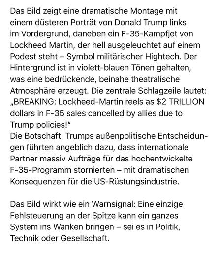 Das Bild zeigt eine dramatische Montage mit einem düsteren Porträt von Donald Trump links im Vordergrund, daneben ein F-35-Kampfjet von Lockheed Martin, der hell ausgeleuchtet auf einem Podest steht - Symbol militärischer Hightech. Der Hintergrund ist in violett-blauen Tönen gehalten, was eine bedrückende, beinahe theatralische Atmosphäre erzeugt. Die zentrale Schlagzeile lautet:
„BREAKING: Lockheed-Martin reels as $2 TRILLION
dollars in F-35 sales cancelled by allies due to
Trump policies!"
Die Botschaft: Trumps außenpolitische Entscheidungen führten angeblich dazu, dass internationale Partner massiv Aufträge für das hochentwickelte F-35-Programm stornierten - mit dramatischen Konsequenzen für die US-Rüstungsindustrie.
Das Bild wirkt wie ein Warnsignal: Eine einzige Fehlsteuerung an der Spitze kann ein ganzes System ins Wanken bringen - sei es in Politik, Technik oder Gesellschaft.🖖