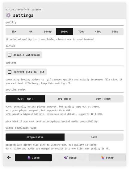 Capture of the video settings with a white theme : you can choose the resolution of videos, disable watermarks for Tiktok, convert in .gif for X, select the Youtube codec or even the download type for Vimeo