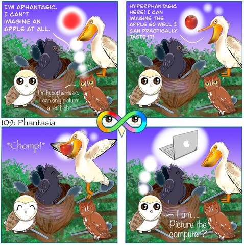 109: Phantasia

Photo Description:
Panel 1: Purple gradient dawn sky with a green and brown tree and a big nest full of spoons between the branches. The nest belongs to Rye, a crow currently sitting in it. On a nearby branch is a screech owl named Nugget, a pelican named Deep Dish, and a barn owl named Cupcake. 
Rye begins, "I'M APHANTASIC. I CAN'T IMAGINE AN APPLE AT ALL."
Next Nugget responds, "I'm hypophantasic. I can only picture a red blob." Above her is the large red blob she imagines. 

Panel 2: Deep Dish replies, "HYPERPHANTASIC HERE! I CAN IMAGINE THE APPLE SO WELL I CAN PRACTICALLY TASTE IT!"
He imagines an apple so real it looks like a photo was taken of an actual apple by the Creator.

Panel 3: Deep Dish chomps the realistic apple. The other birds are amused. 

Panel 4: Cupcake adds, "I um... Picture the computer?" She imagines the brand "Apple", a silver laptop. The other birds are amused by this also.