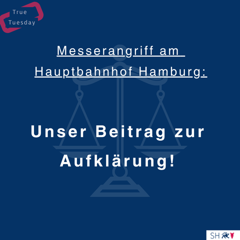Blaue Kachel mit weißem Text: Messerangriff am Hauptbahnhof Hamburg: unser Beitrag zur Aufklärung!