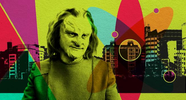 Some article banner art for the Star Trek Voyager episode Jetrel, featuring a green colorized image of the alien Jetrel against a cityscape background with colorized circles, and an atomic symbol. It has a psychedelic feel to it.