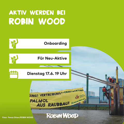 Aktiv werden bei ROBIN WOOD! Foto mit Aktivisti auf Poller in der Weser mit großem Transpi, zu erkennen: Vertreibung? verantwortung? Palmöl aus Raubbau