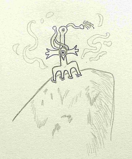 Gribouillis d'une petite griffe de jardin magique enfoncée dans une pierre.