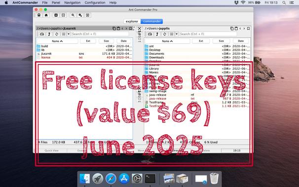File manager Ant Commander Pro on macOS with a free license keys banner for June 2025.