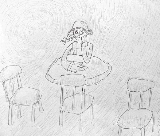 Gribouillis d'une colombe anthropomorphique tenant un rameau d'olivier dans son bec, seule dans un café.