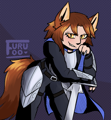 Character portrait of a kemonomimi lady, smirking defiantly in the viewer's direction with a relaxed pose, propped up on her sword (a feder, specifically). She is wearing some light armor, paired with a blue cape that compliments her fiery hair and bushy fox tail