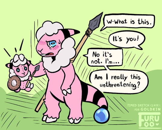 Drawing of a flaafy (pink bipedal sheep pokemon) with a spear slung around his back, looking somewhere off-frame with a mildly concerned expression, holding a plushie version of himself. A tiny little flaafy with a shield and a little spear much like his own. He asks "What is this.". "It's you!" someone off-frame replies. "No it's not. I'm... Am I really this unthreatening?"