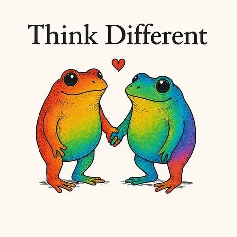 Zwei stilisierte, anthropomorphe Frösche in leuchtenden Regenbogenfarben stehen einander zugewandt und halten sich an den Händen. Zwischen ihnen schwebt ein rotes Herz, über ihnen steht in klarer Serifenschrift: „Think Different“. Die Szene wirkt wie eine verspielte Karikatur – und ist zugleich ein stilles Statement für Individualität, Toleranz und innere Haltung.
In einer Welt, in der der Mainstream immer lauter wird, erinnern diese Frösche daran: VOGUE ist nicht Mode, sondern Haltung.
Und Haltung braucht Anstand – doch Anstand entsteht nur durch Bildung. Wer wirklich anders denkt, denkt menschlich.

⸻

📷 Image Description (English):
Two stylized, anthropomorphic frogs in vivid rainbow colors face each other and hold hands. A small red heart floats between them, while the words “Think Different” appear above in a serif font. The scene is whimsical yet quietly profound – a subtle tribute to individuality, tolerance, and inner dignity.
In a world where the mainstream grows ever louder, these frogs gently remind us: VOGUE is not fashion – it’s integrity.
And integrity begins with decency – but decency requires education. Those who truly think different choose humanity.🖖