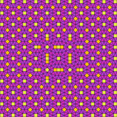 Tessellation with squares in yellow and orange and triangles in shades of purple.
