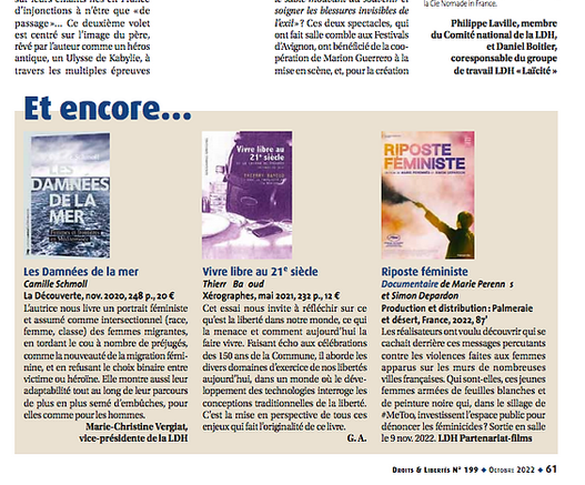 En octobre 2022, dans sa revue Droits&Libertés, @LDH_Fr@piaille.fr conseillait la lecture de « Vivre libre au 21e siècle (ou le leurre du progrès technologique) », notre essai écrit avec Léa Deneuville, du duo @gallus@mamot.fr , publié en 2021.

Si vous êtes sur Paris ce dimanche, venez donc nous tenir compagnie au festival Quartier du Livre, installé dans la mairie du 5ème, 21, rue du Parthénon. Nous serons en salle Agora Jacqueline de Romilly de 16h à 18h. ✒️ 📖 🙂 

#lecture #livre #livres #essai #paris #paris5