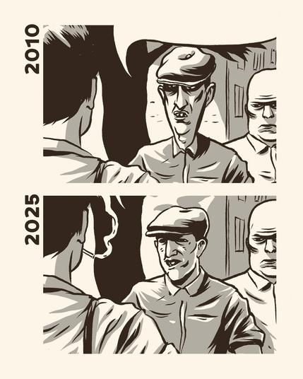 One panel from Giètz! in the old (2010) and the new (2025) version.
In this panel Nico, seen from behing, is confronted by two street thugs who want his money. In the newer version I have added a smoking cigarette in Nico's mouth (which I had originally forgotten to draw) and redrawn the face of the main thug, to have a less cartoony face.