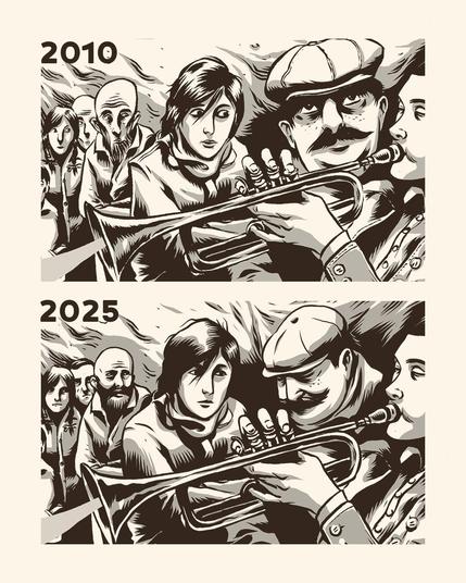One panel from Giètz! in the old (2010) and the new (2025) version.
We see a young Nico playing the trumpet in a bomb shelter. Next to him the maestro of the local band, and his future girlfriend Maria. In the background assorted mix of frightened people who look at him while he plays.
In the new version we have redrawn all the faces, the ones in the background were too cartoony, Maria's face looked like she had seen a ghost and her eyes were too big. The maestro's face was monstrously huge. We chose to draw him looking down in the new version, which puts more focus on Maria, who is the important character in this panel.