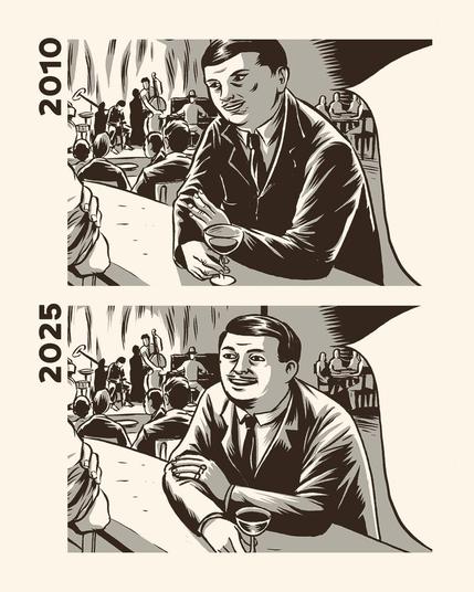 One panel from Giètz! in the old (2010) and the new (2025) version.
Here we see the owner of the club where Nico plays, who talks to the barman (out of shot). In the background Nico and band on stage playing. The pose of the character was completely unnatural, so I re-did him from scratch and also adjusted the face.
