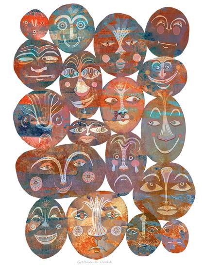 Various semi-abstract faces expressing varying emotions in a rainbow of colors and textures against a white background.
