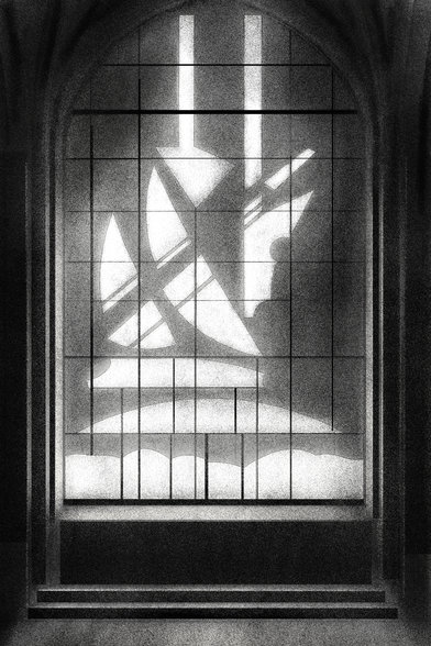 A black and white image shows a bold, abstract architectural structure. Sharp vertical columns descend from above, intersecting with curved, sail-like forms. Arched and segmented shapes at the base resemble stylized windows or vaulted supports. The overall composition is geometric, symmetrical, and dramatic in contrast.