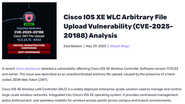 Cisco IOS XE WLC Arbitrary File Upload Vulnerability (CVE-2025-20188) Analysis:
