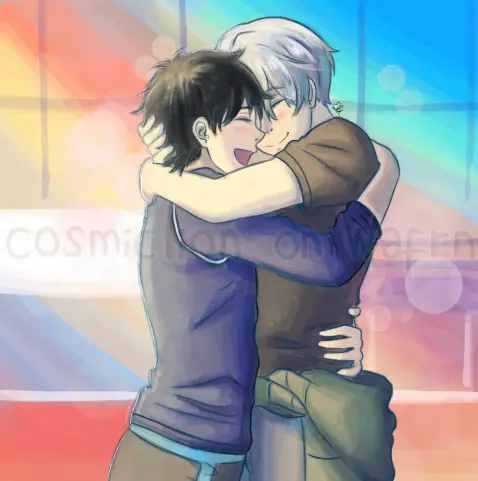 Digital fully rendered illustration of Yuuri Katsuki and Viktor Nikiforov from Yuri!!! On Ice, drawn from the hips up. It is a redraw of a screenshot of an episode. They are at the rink, hugging happily. The sun's light is coming into from the upper right corner and giving the scene a multi colored tone.